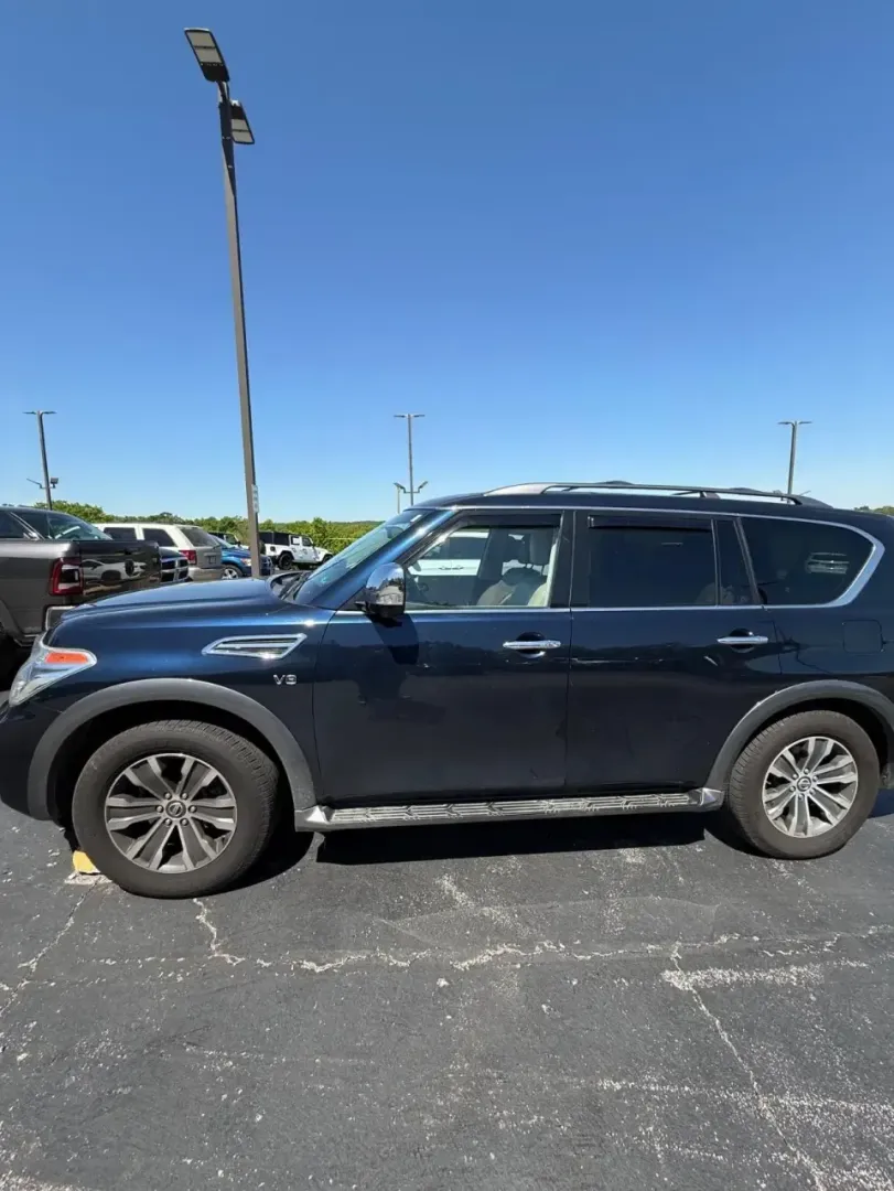 2018 /Almond Nissan Armada SL (JN8AY2NC5J9) with an 5.6L V8 DOHC 32V engine, Automatic transmission, located at 12830 Highway 21, De Soto, MO, 63020, (636) 337-7777, 38.153099, -90.573624 - Load up the family, hitch up the trailer, and point the nose toward a weekend at Washington State Park or a long day on the road to St. Louis-this full-size SUV is built for real life. If you need confident space, V8 power, and four-season capability for Missouri highways, the **2018 Nissan Armada S - Photo#1